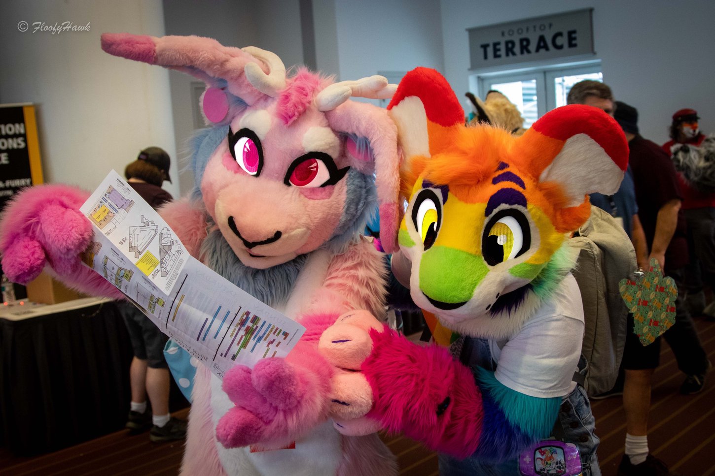 Two fursuiters reading the convention guide at Anthrocon 2022..