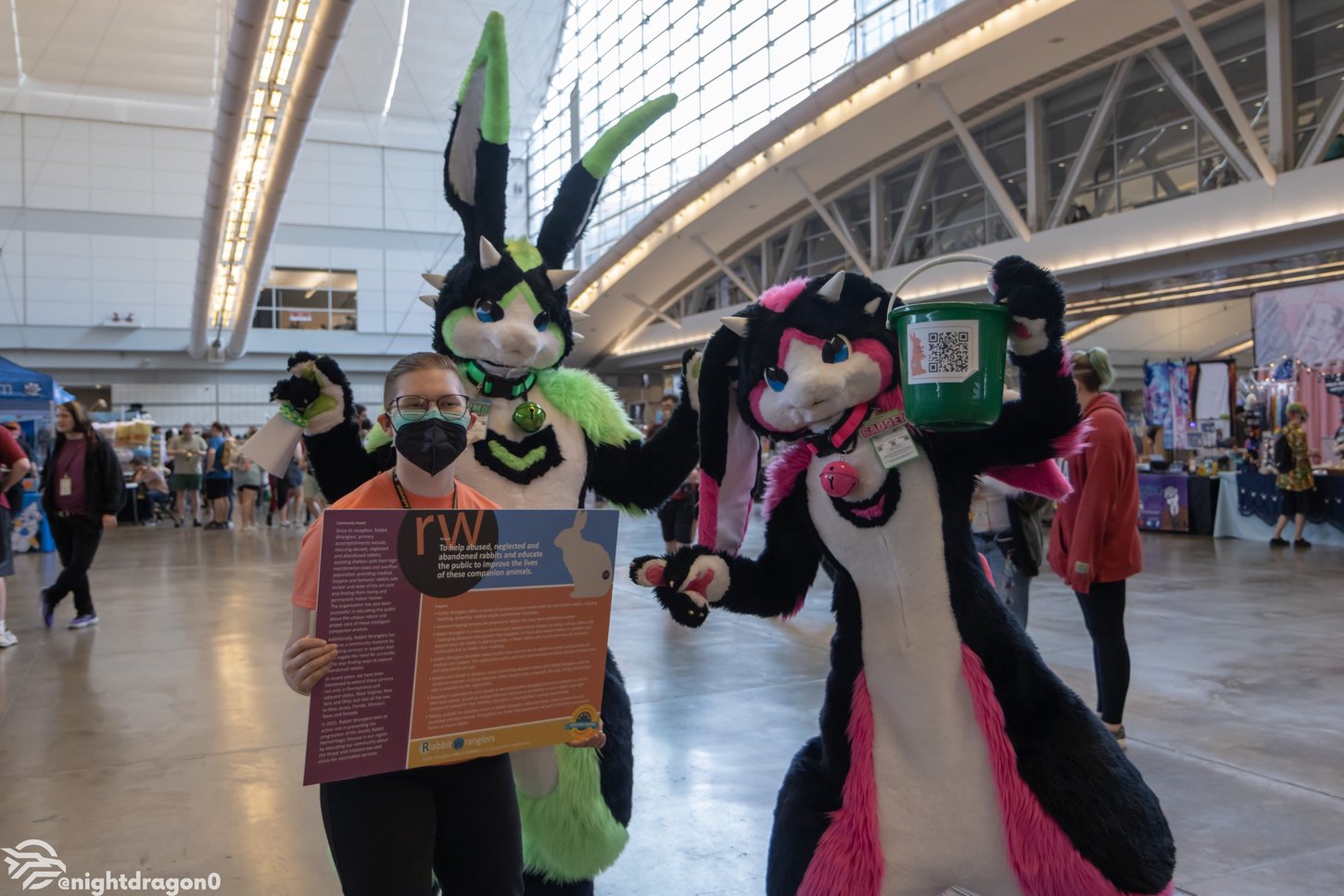 Two bunny fursuiters, one in black and green and another in black and pink, patrolling the Anthrocon Dealers Room with a charity bucket soliciting donations for the Anthrocon 2023 Charity Bucket Brigade.