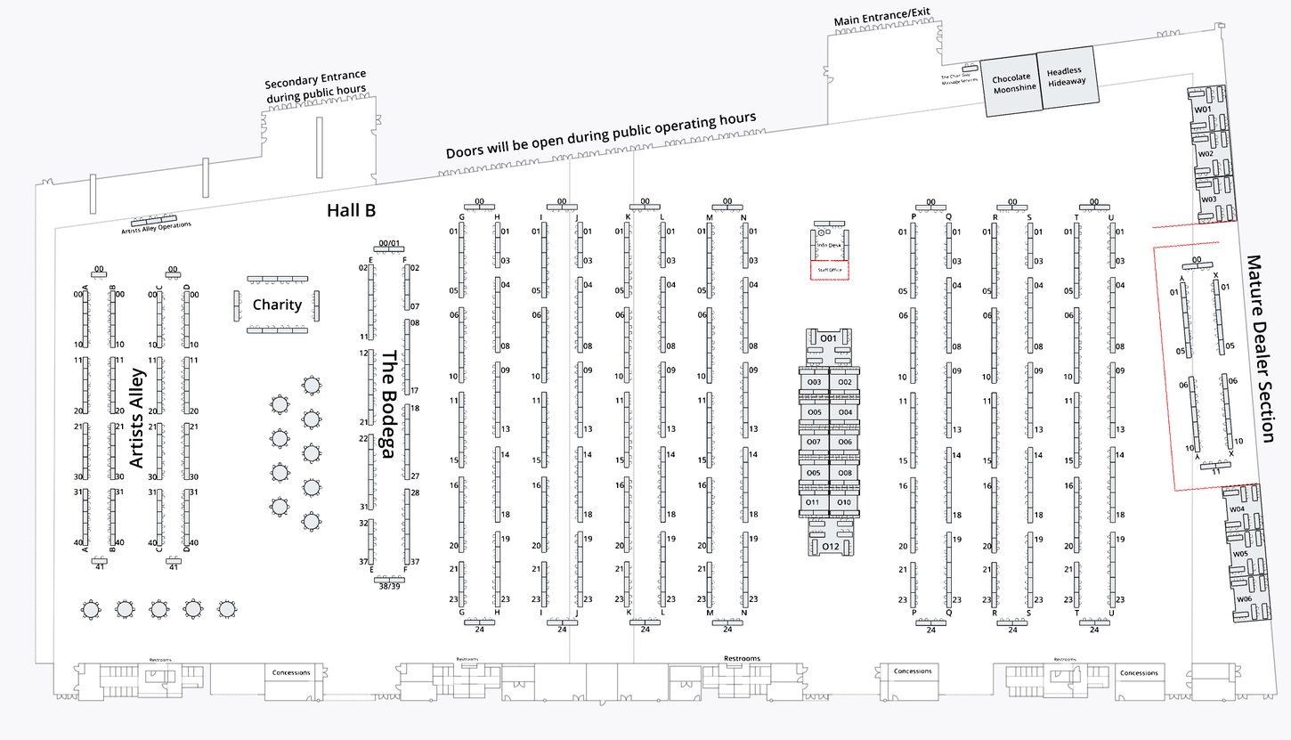 A diagram of the Anthrocon 2024 Dealers Room where different vendors are located.