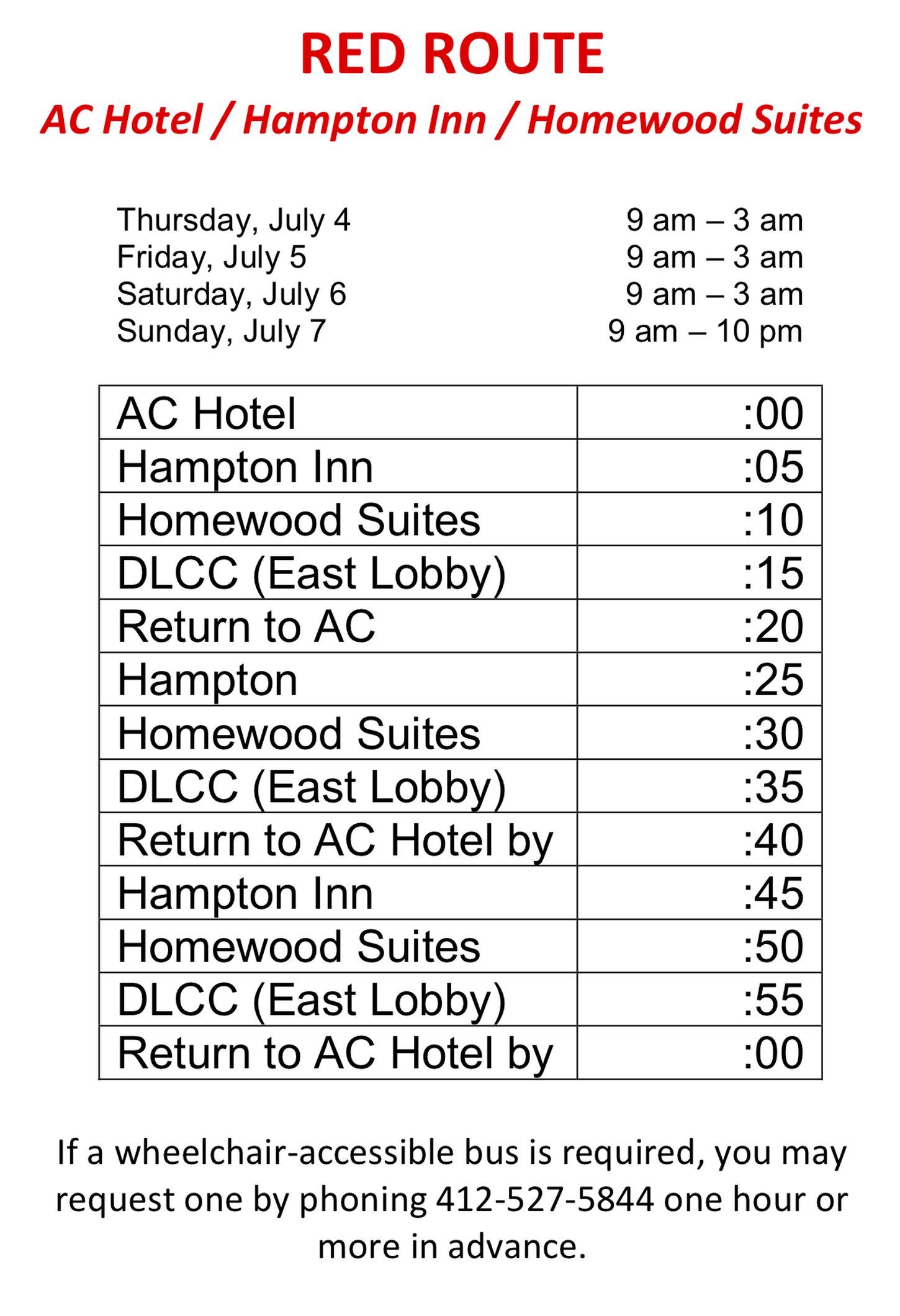 Red Route Schedule