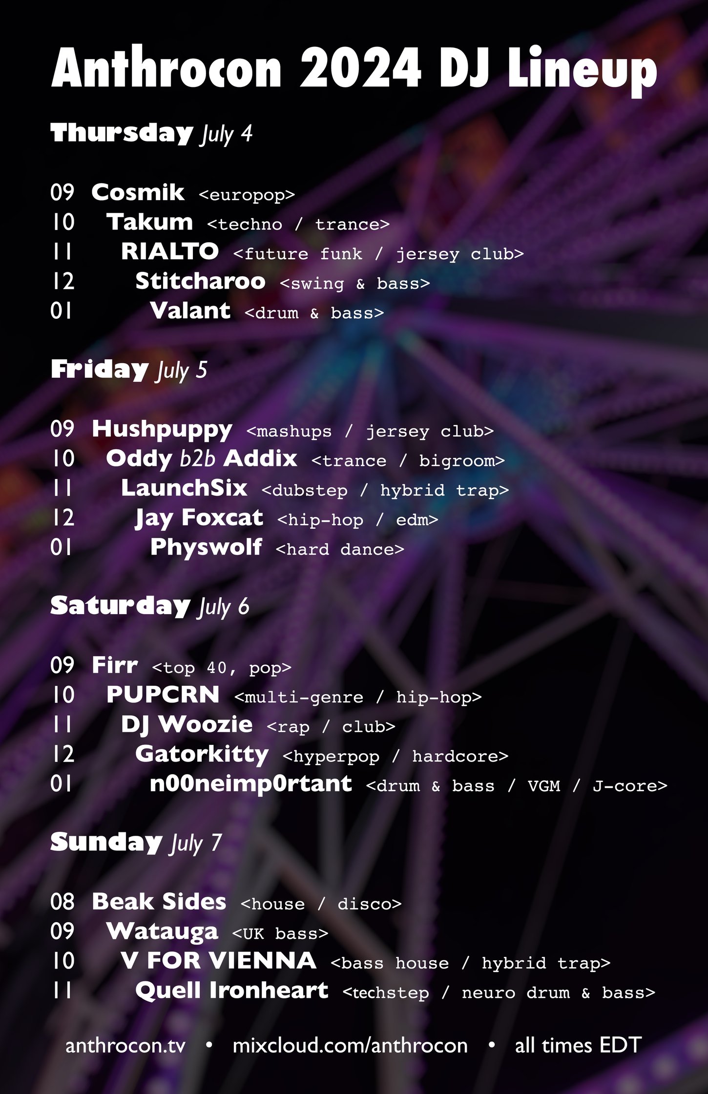 A poster displaying the scheduled DJs for each night of Anthrocon 2024.