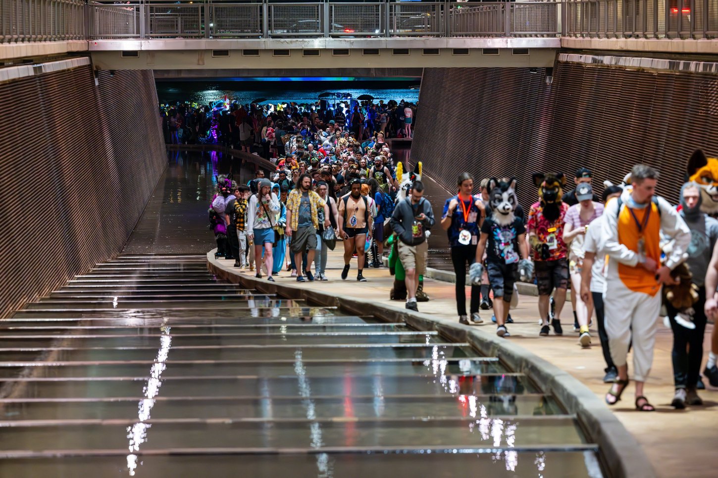 Furries walking up the waterfront path underneath the DLCC at night.